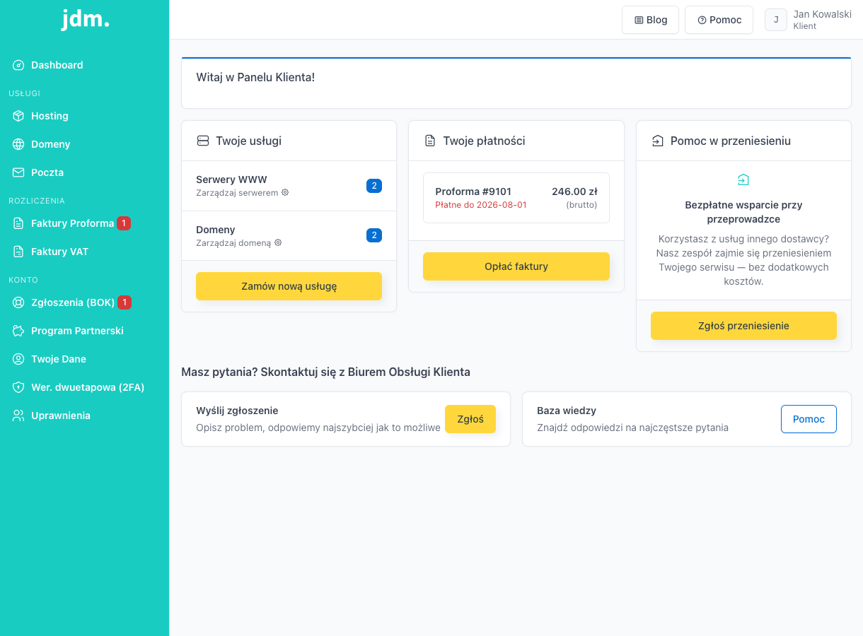 Dashboard panelu klienta