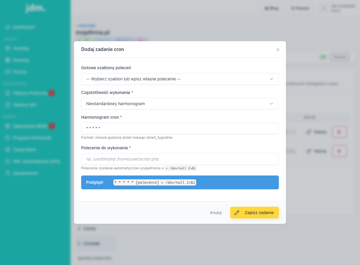 Modal dodawania zadania cron