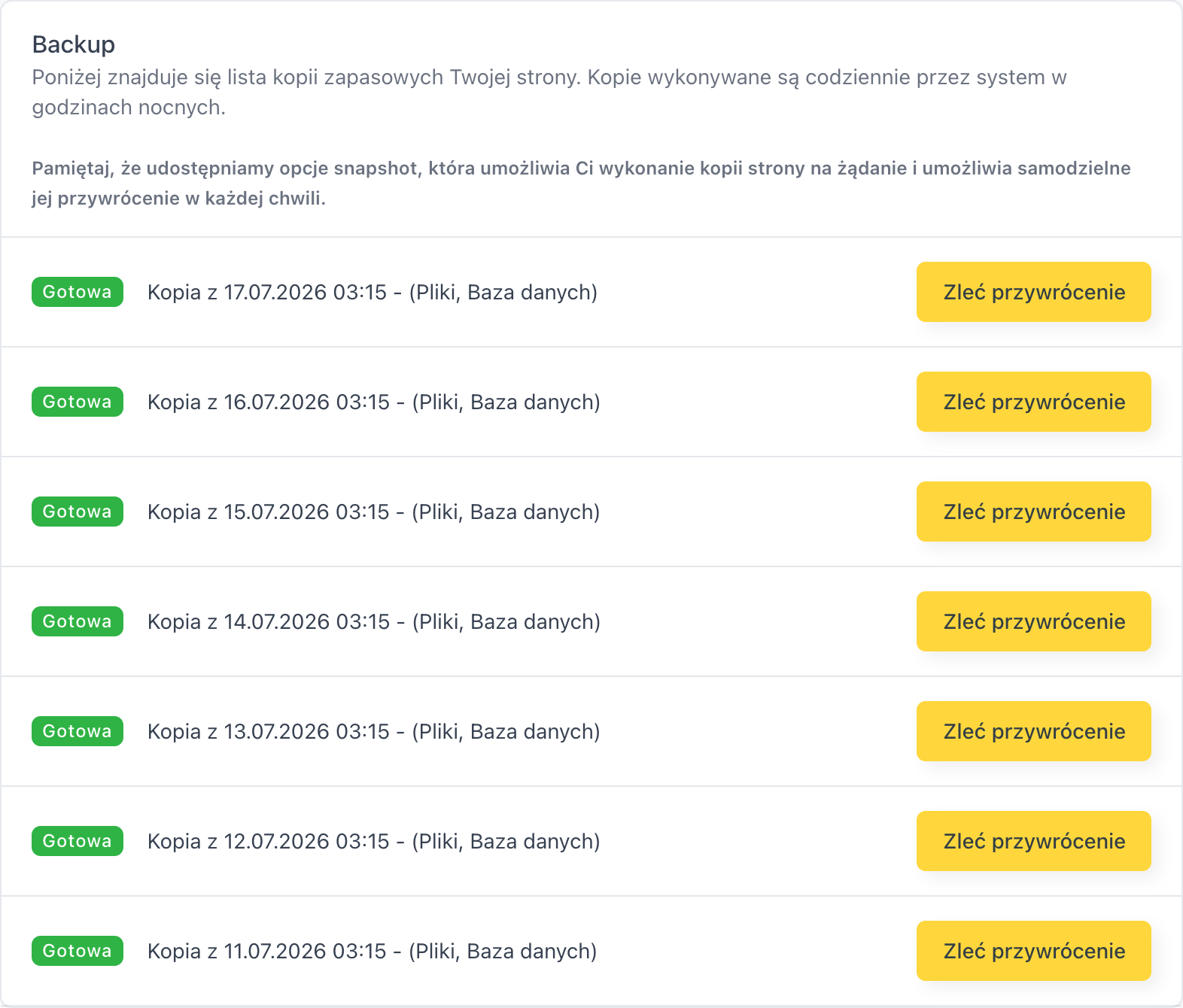 Karta Backup z listą kopii zapasowych