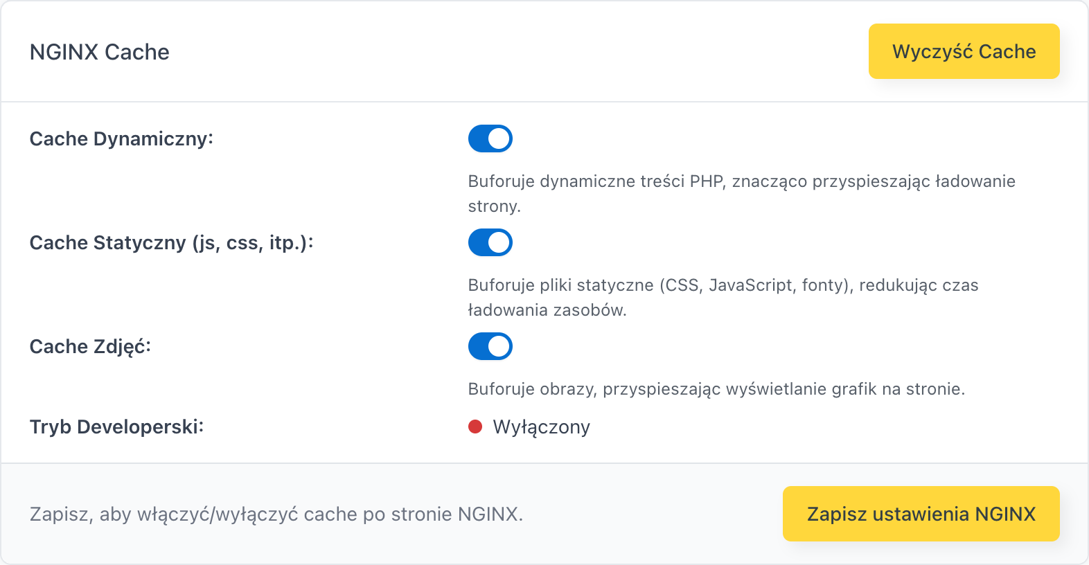 Karta NGINX Cache z przełącznikami