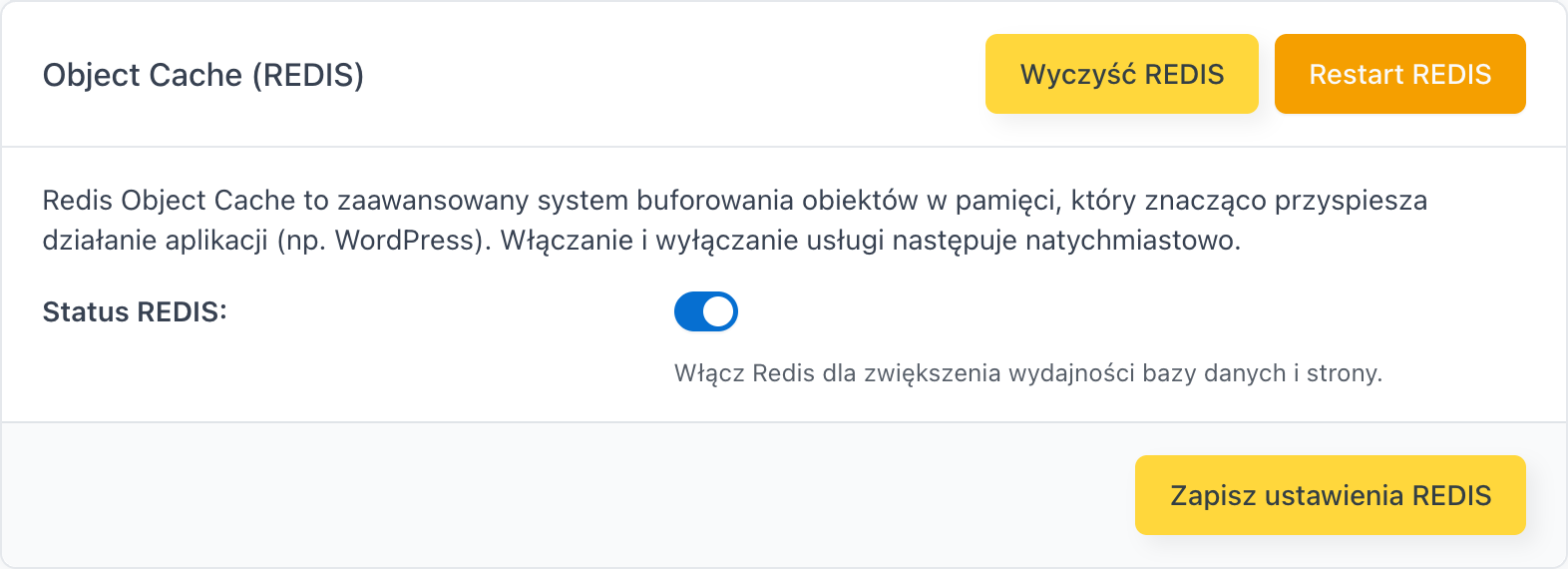 Karta Object Cache (REDIS) w zakładce Cache