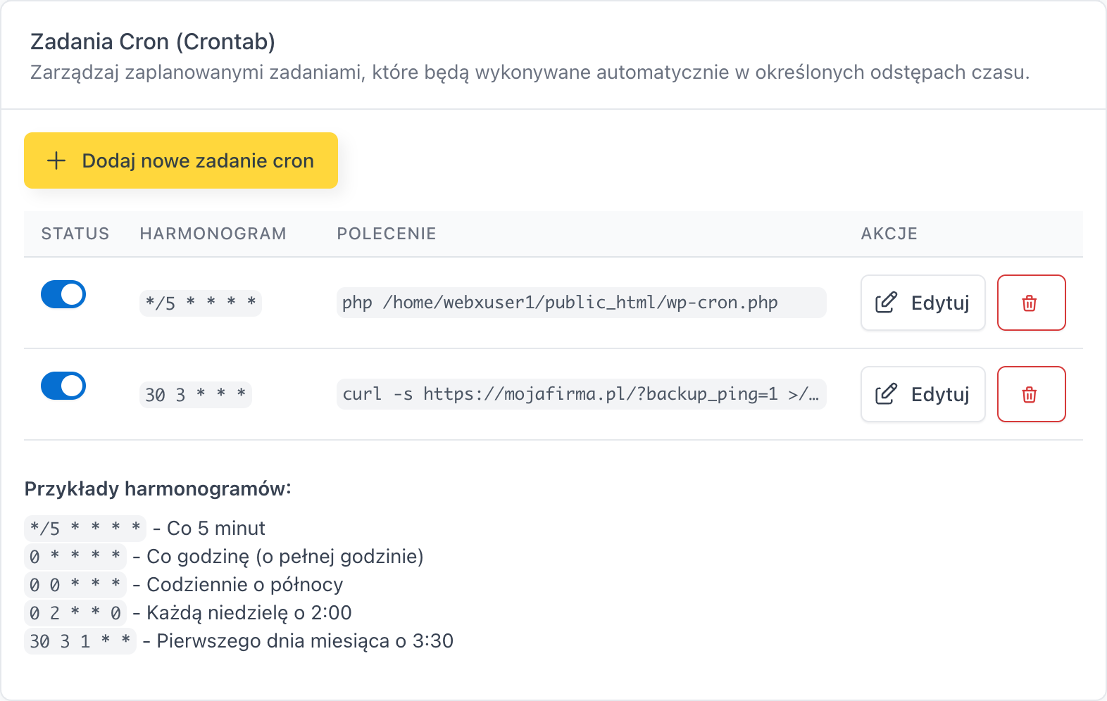 Karta Zadania Cron z listą zadań