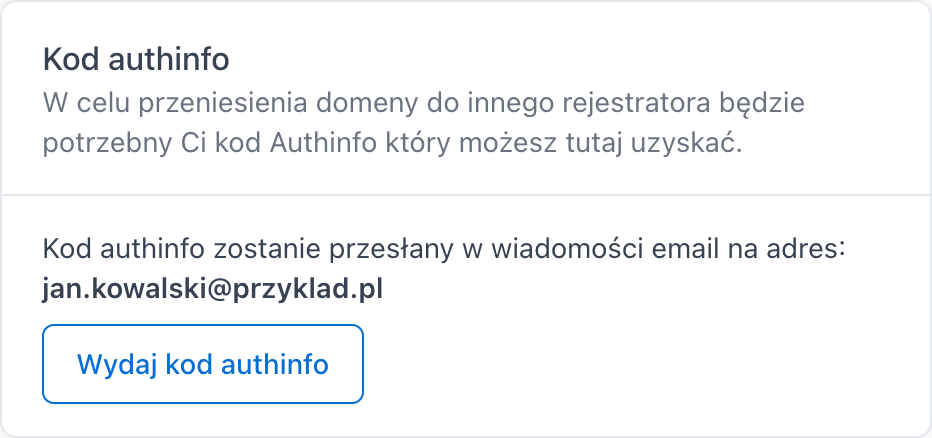 Karta Kod authinfo w szczegółach domeny