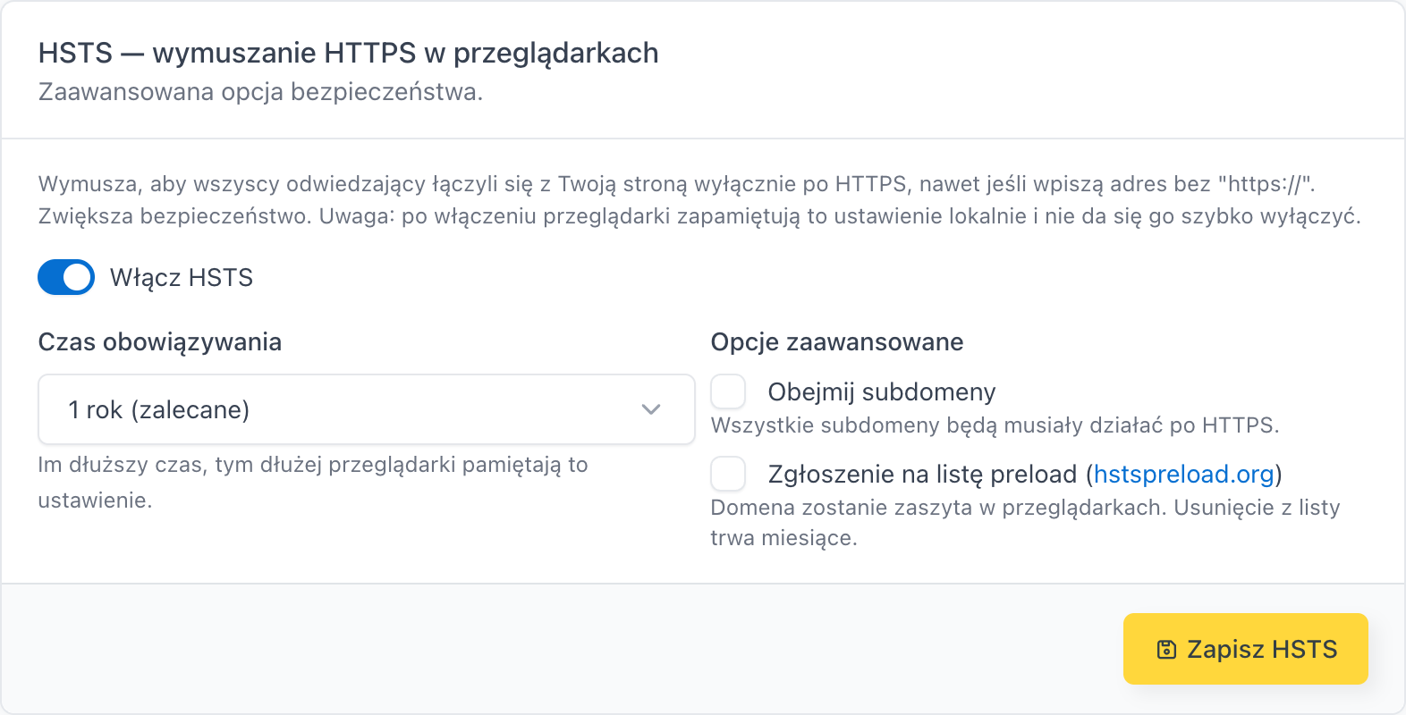 Karta HSTS w zakładce Domeny