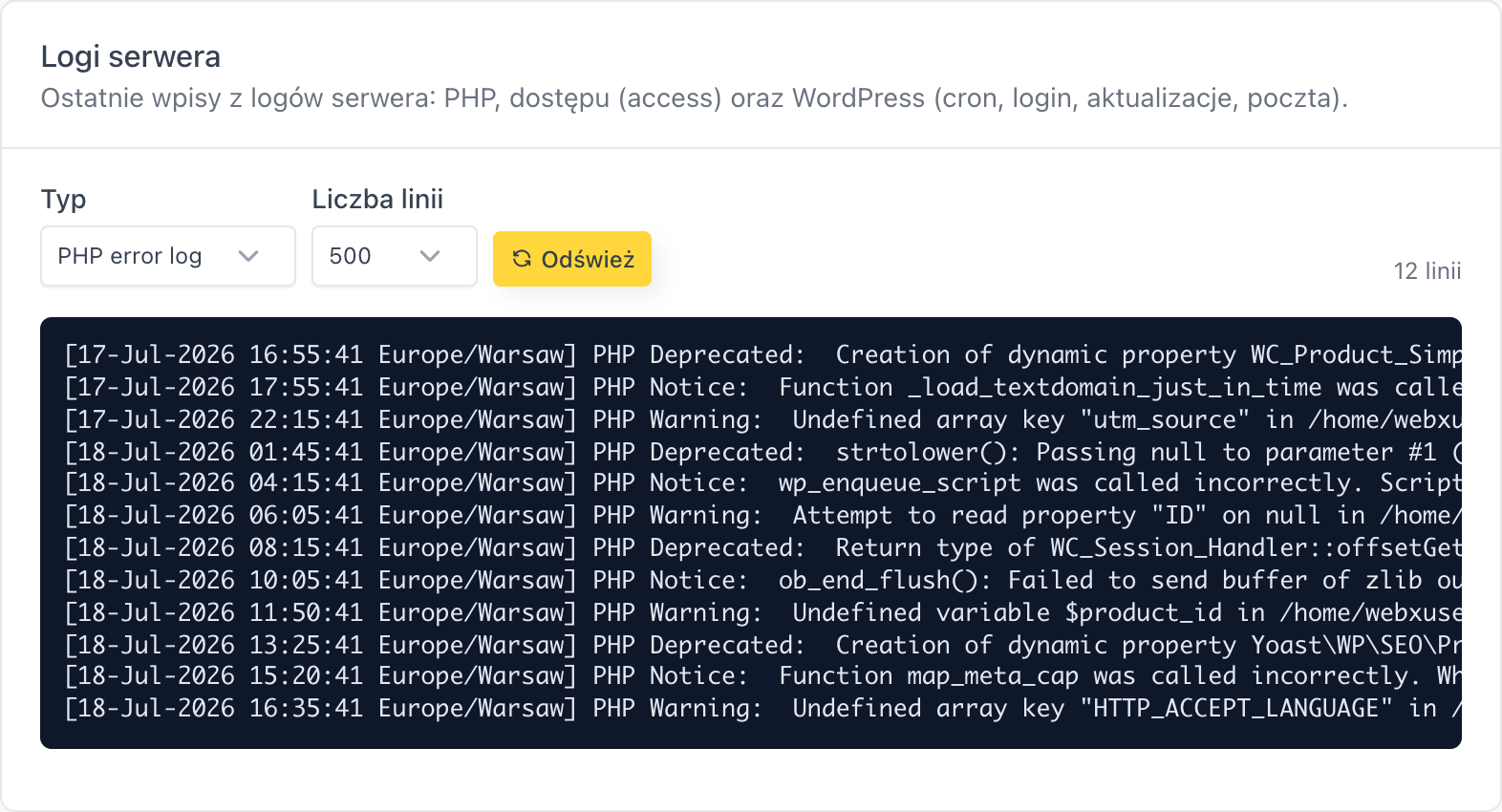 Karta Logi z podglądem PHP error log