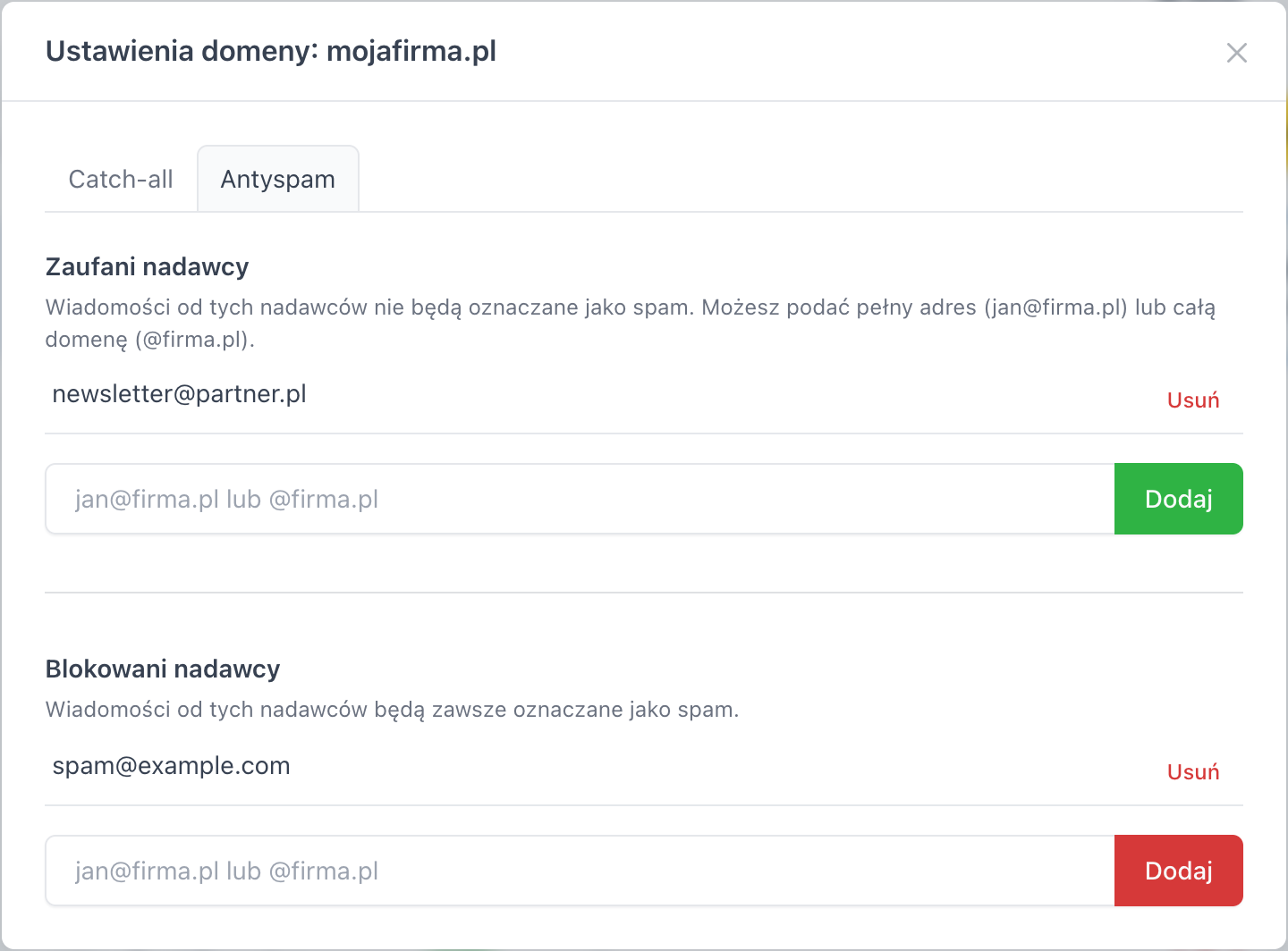 Zakładka Antyspam z listami Zaufani i Blokowani nadawcy