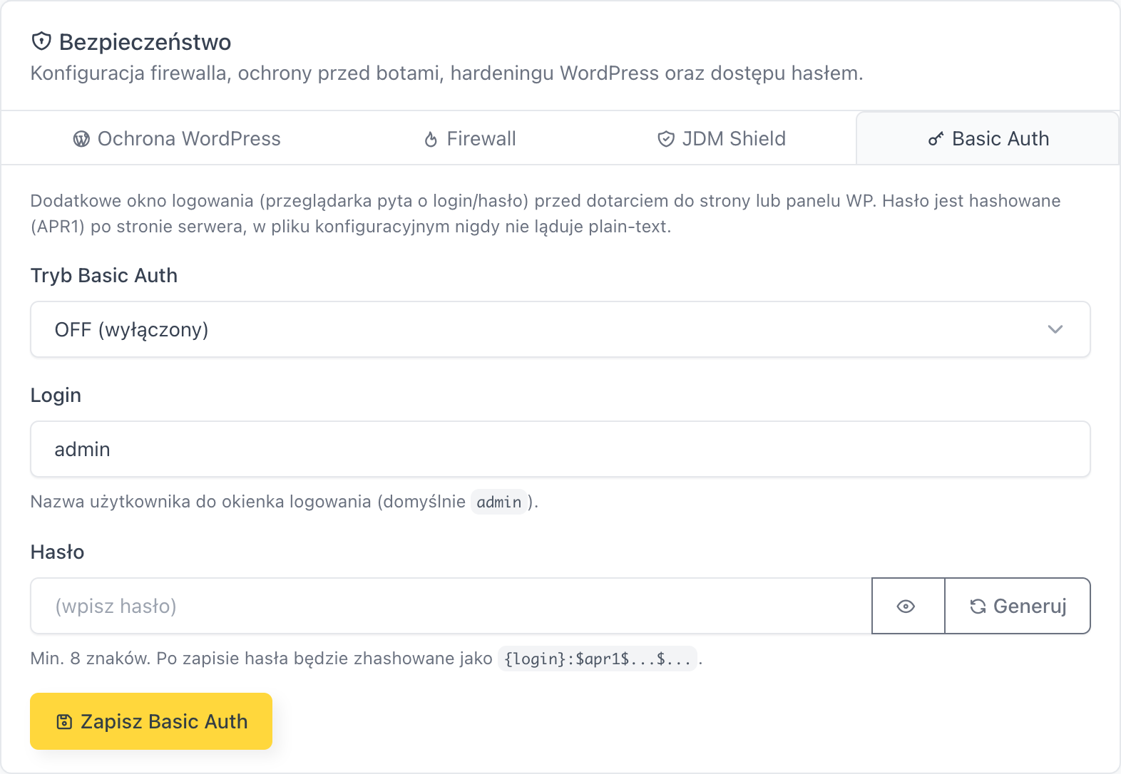 Karta Basic Auth w zakładce Bezpieczeństwo