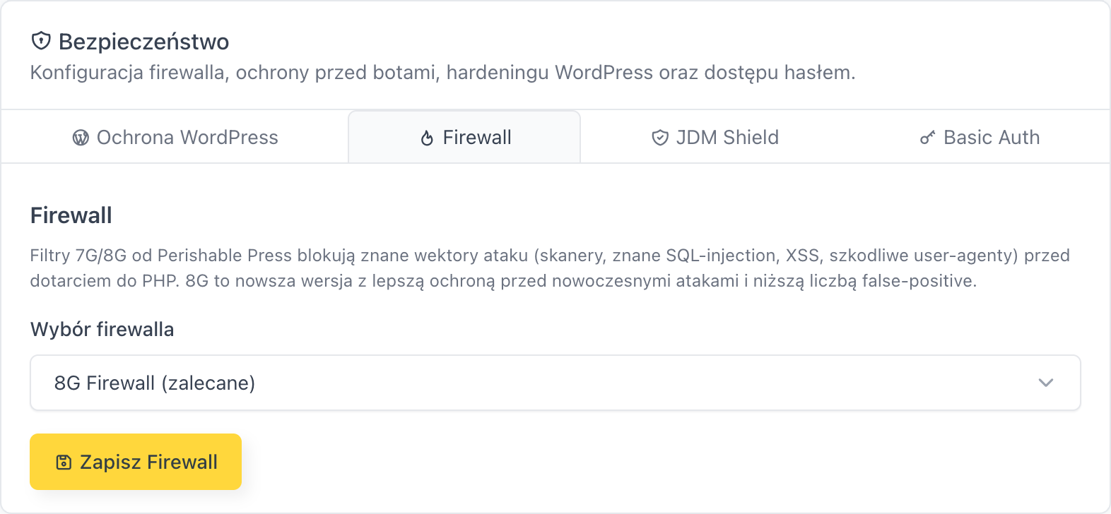 Karta Firewall w zakładce Bezpieczeństwo