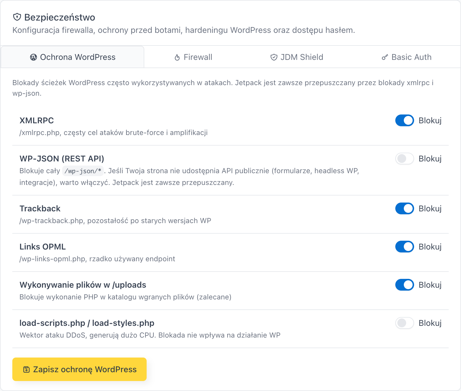 Karta Ochrona WordPress w zakładce Bezpieczeństwo