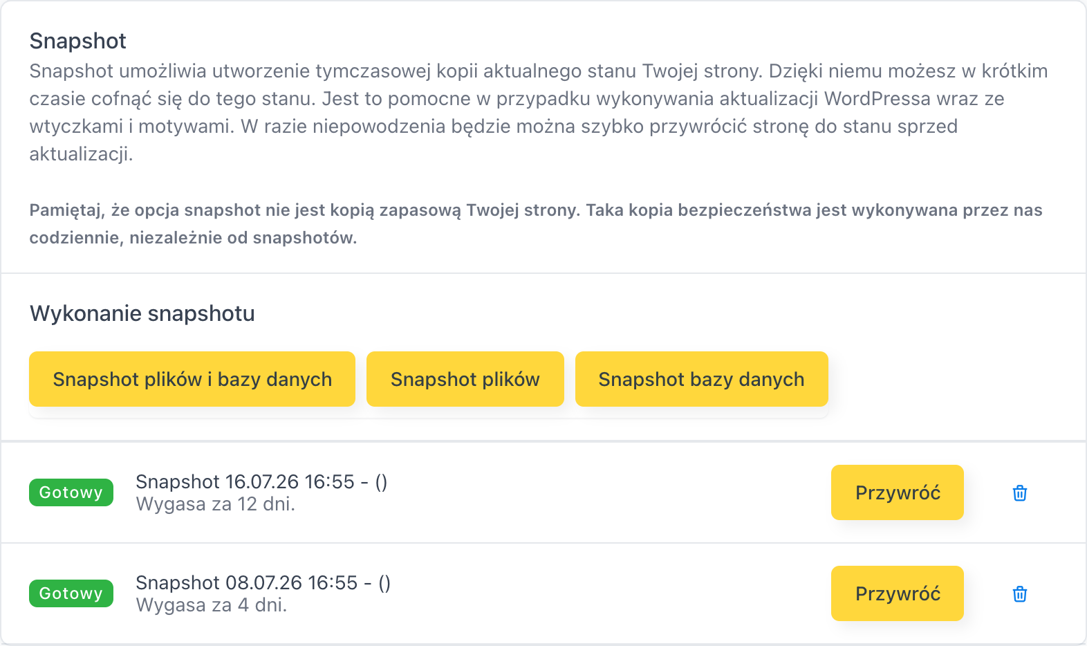 Karta Snapshot z listą snapshotów