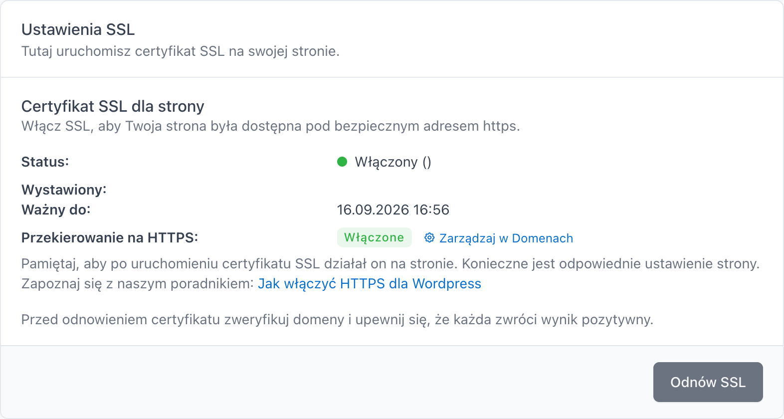 Karta Certyfikat SSL i tabela Weryfikacja domen