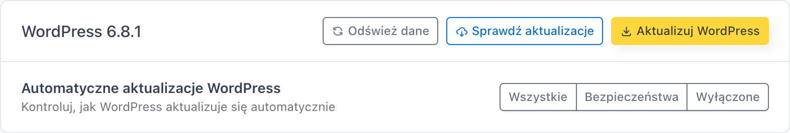 Karta WordPress z banerem aktualizacji