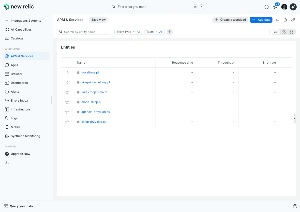 Lista APM & Services z monitorowanymi stronami