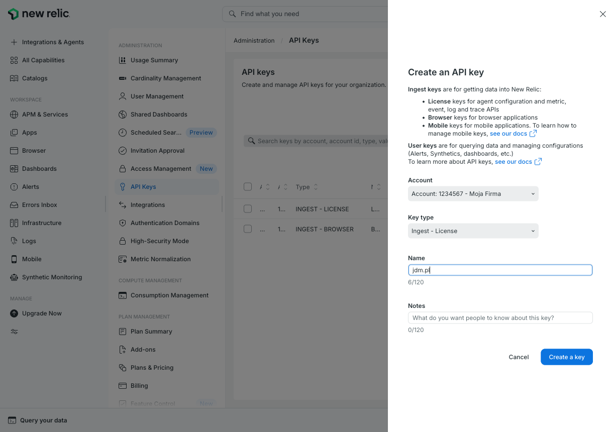 Panel Create an API key z typem Ingest - License i nazwą jdm.pl