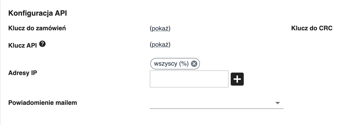 Pole Klucz API z symbolem procentu