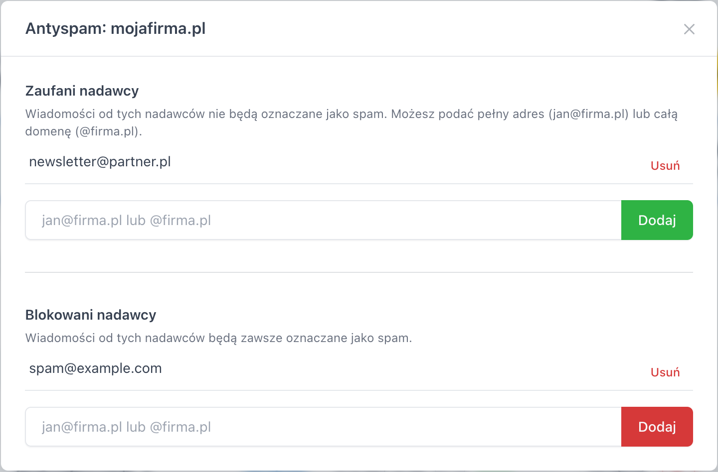 Okno antyspamu domeny z listami nadawców