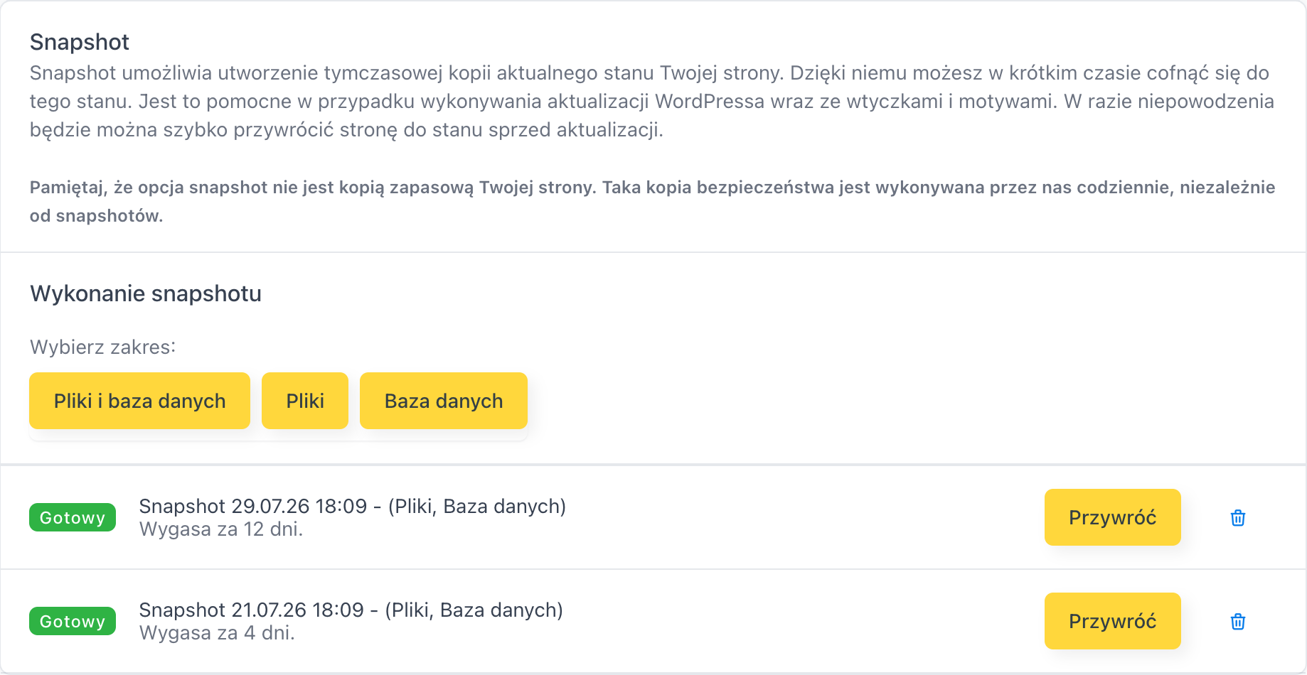 Karta Snapshot z wyborem zakresu i listą snapshotów