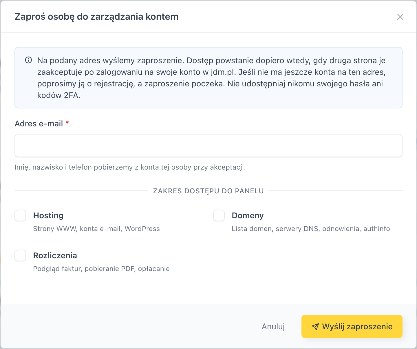 Okno zapraszania z wyborem zakresu uprawnień