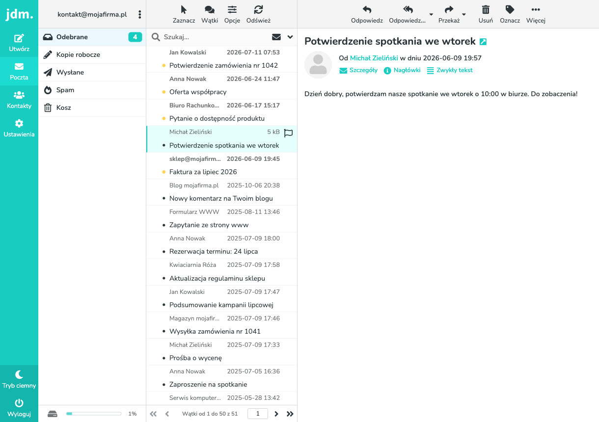 Główny widok webmaila: foldery, lista wiadomości i podgląd treści