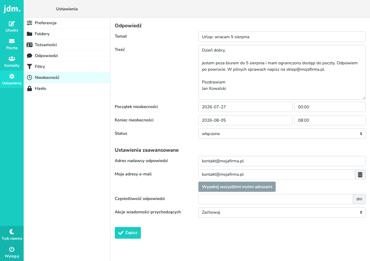 Formularz Nieobecności z treścią odpowiedzi, datami i statusem