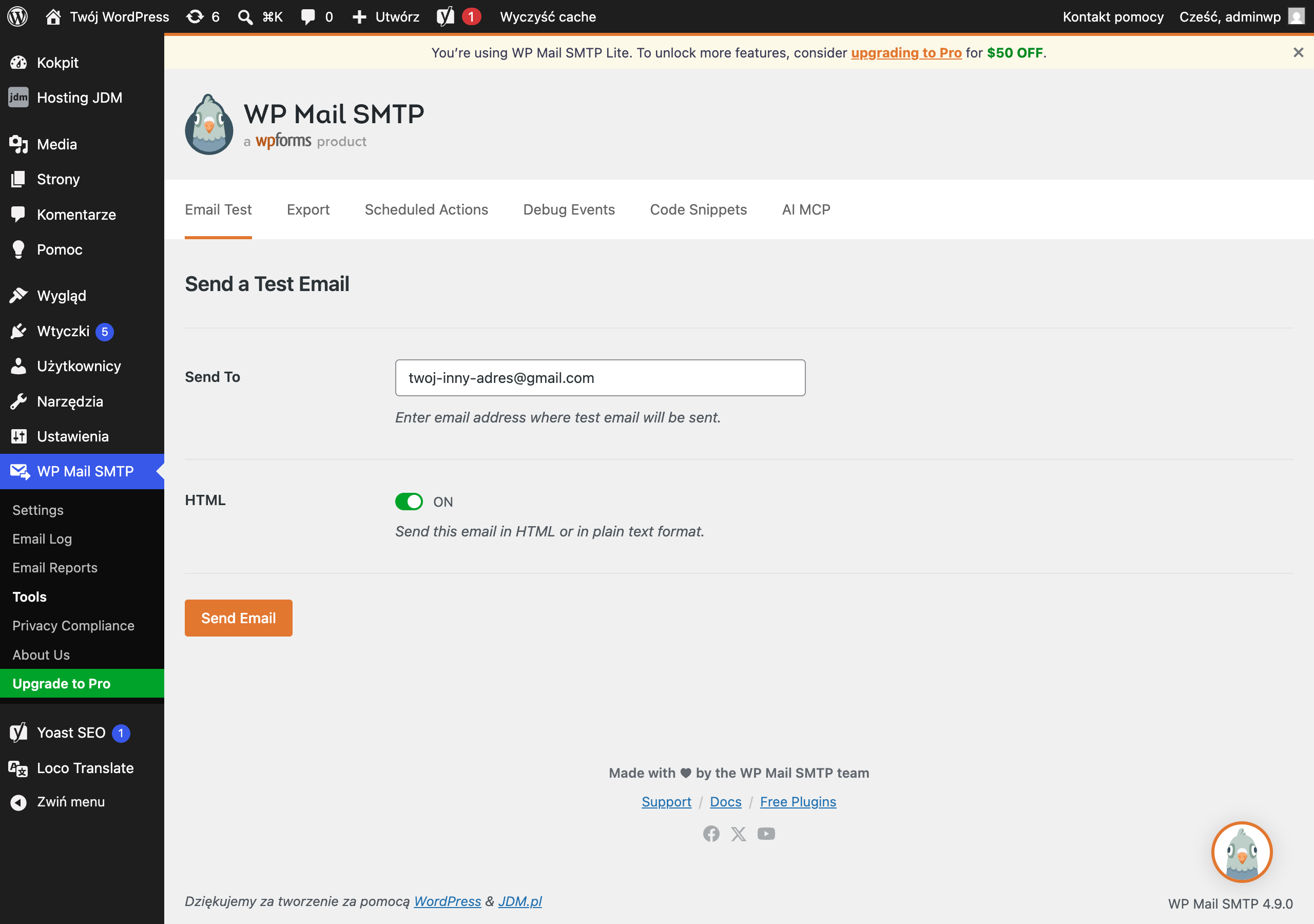 Zakładka Email Test w WP Mail SMTP z polem adresu i przyciskiem Send Email