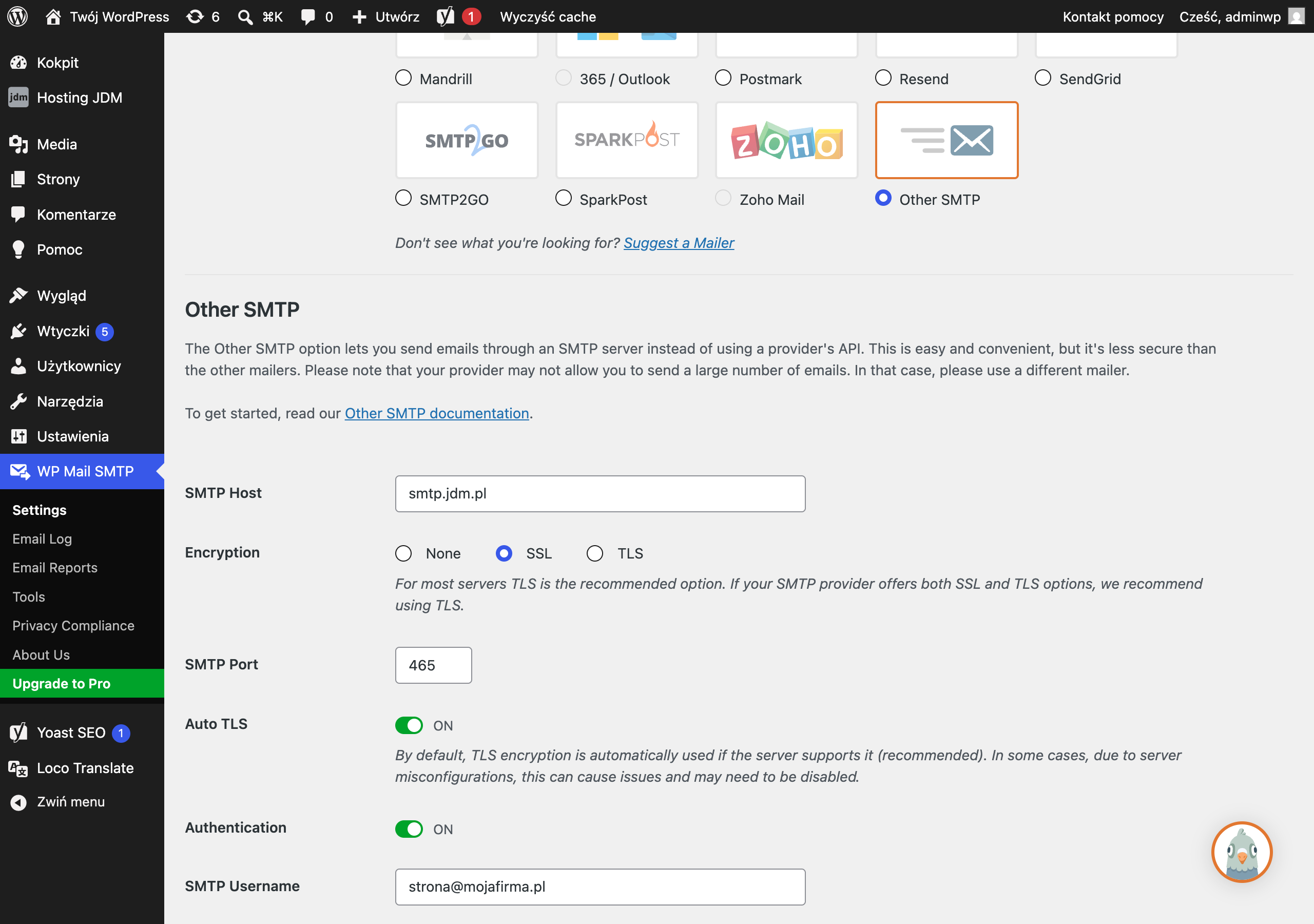 Ustawienia WP Mail SMTP z wybranym Other SMTP i danymi serwera smtp.jdm.pl