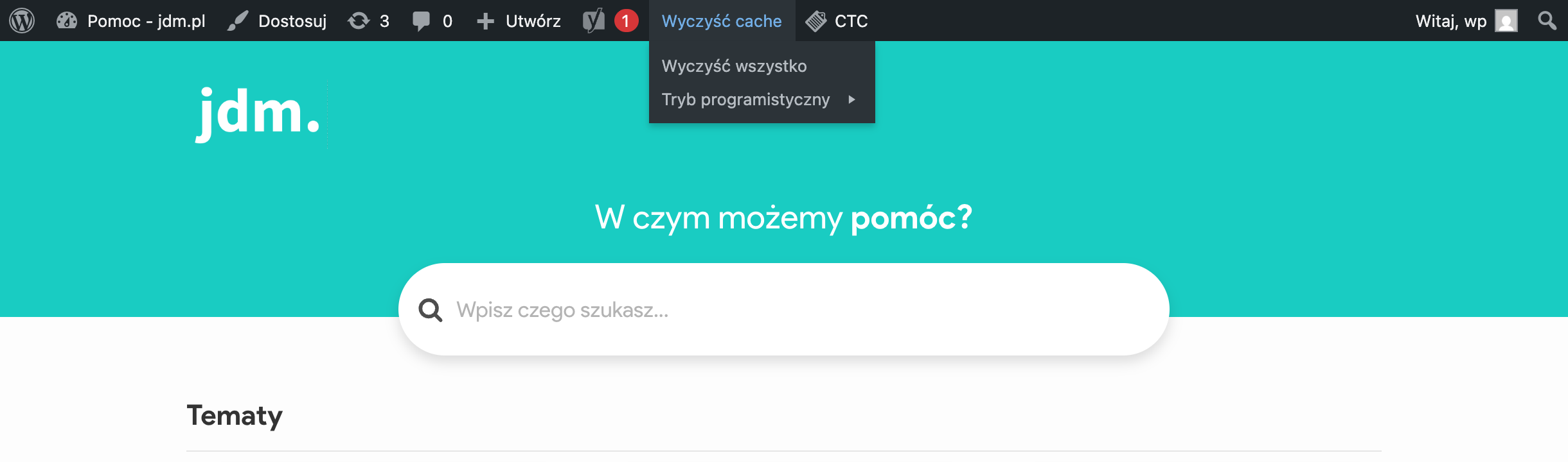 Menu Wyczyść Cache na belce administratora