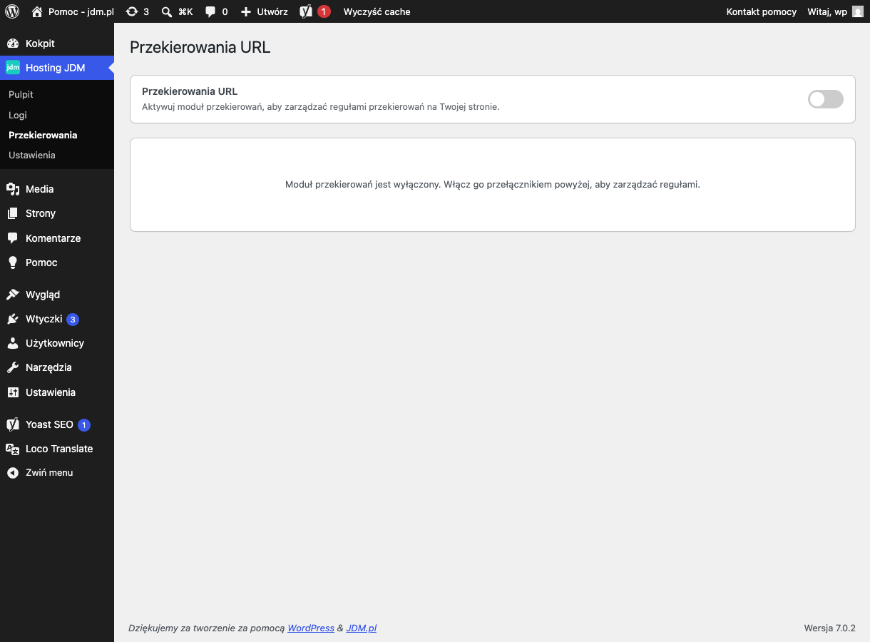 Podstrona Przekierowania z tabelą reguł