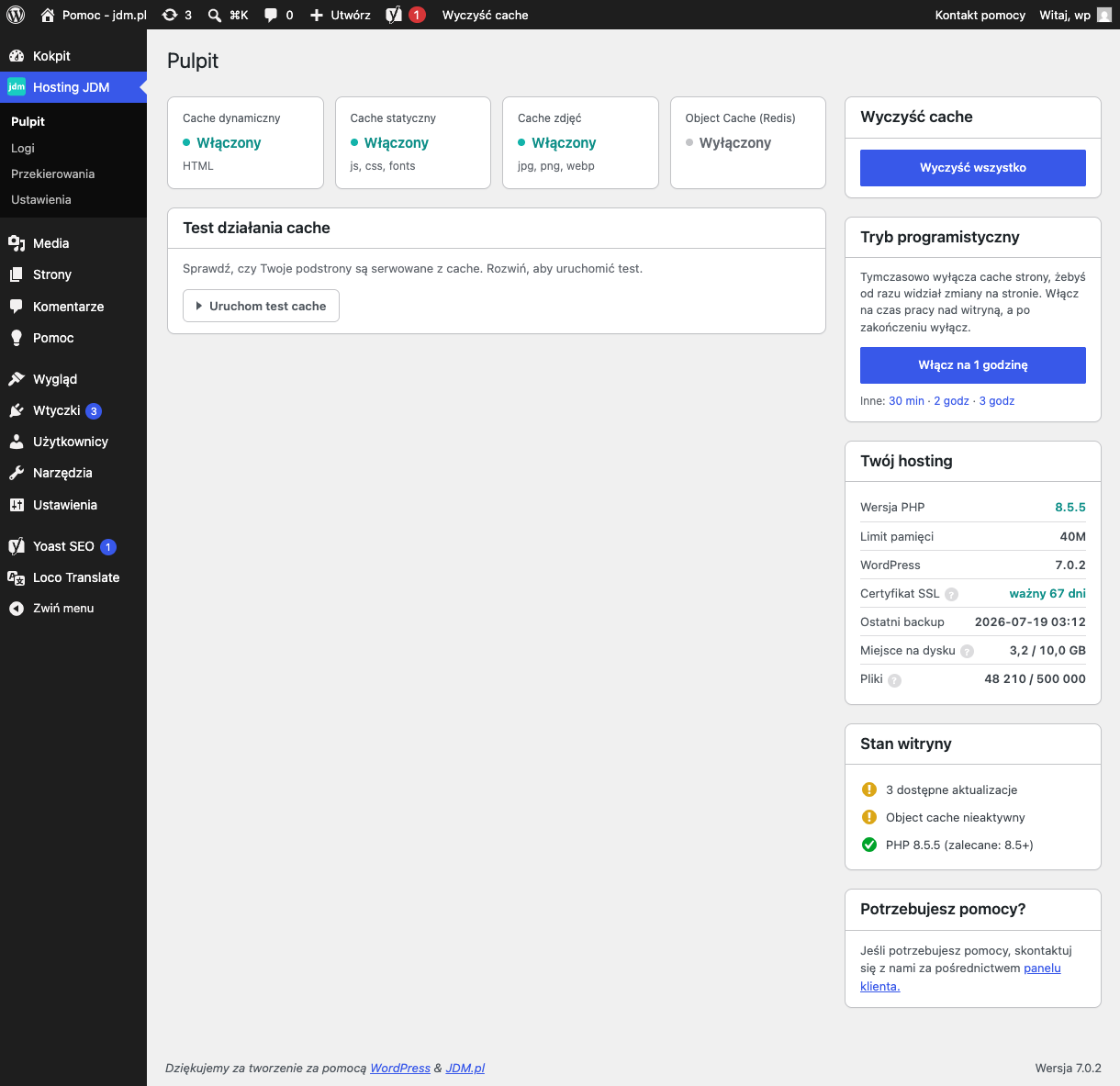 Pulpit wtyczki Hosting JDM