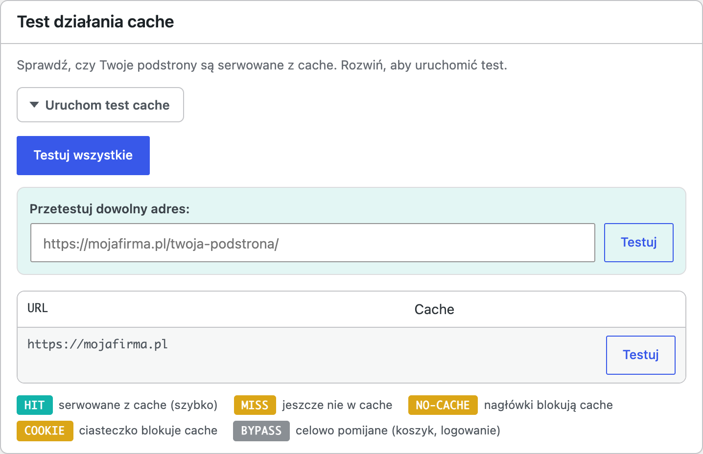 Test działania cache z wynikami per adres