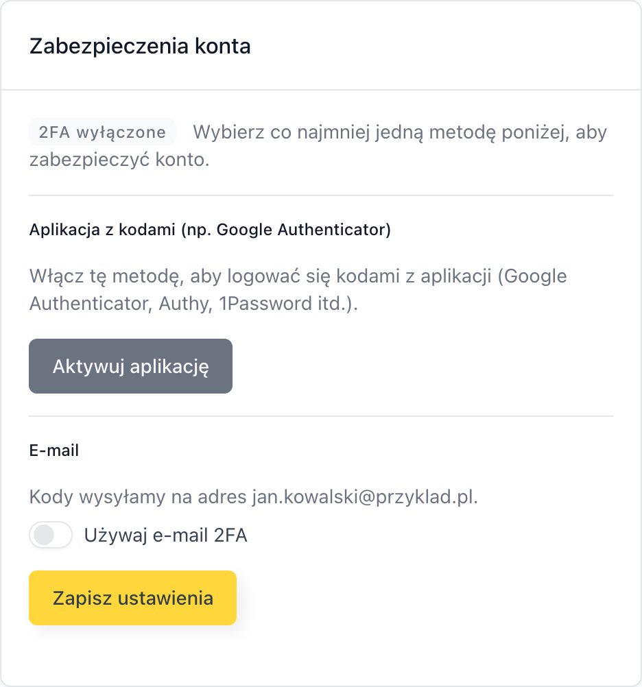 Karta Zabezpieczenia konta z sekcjami Aplikacja z kodami i E-mail oraz przyciskiem Zapisz ustawienia
