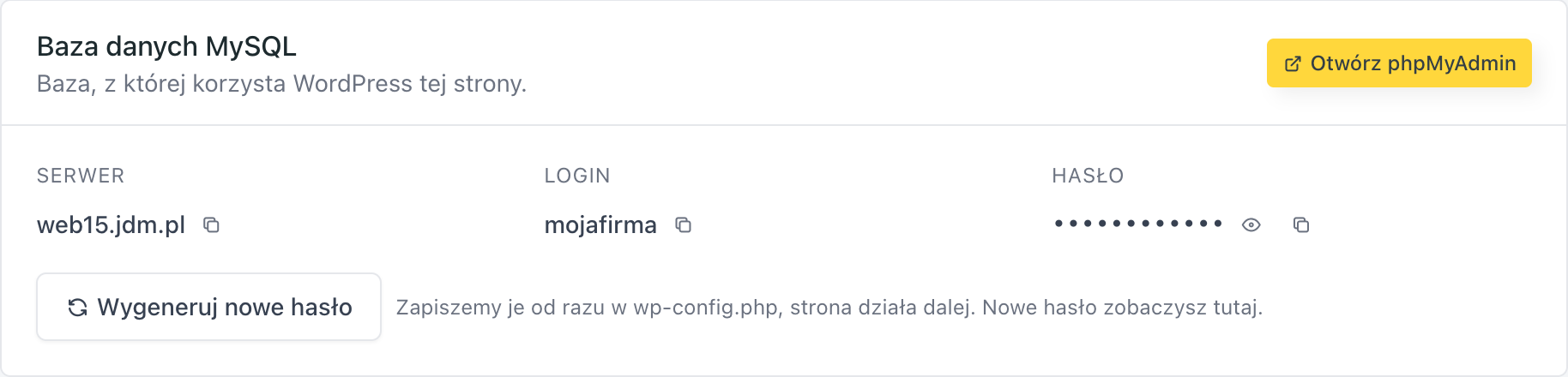Zakładka Baza danych z danymi MySQL