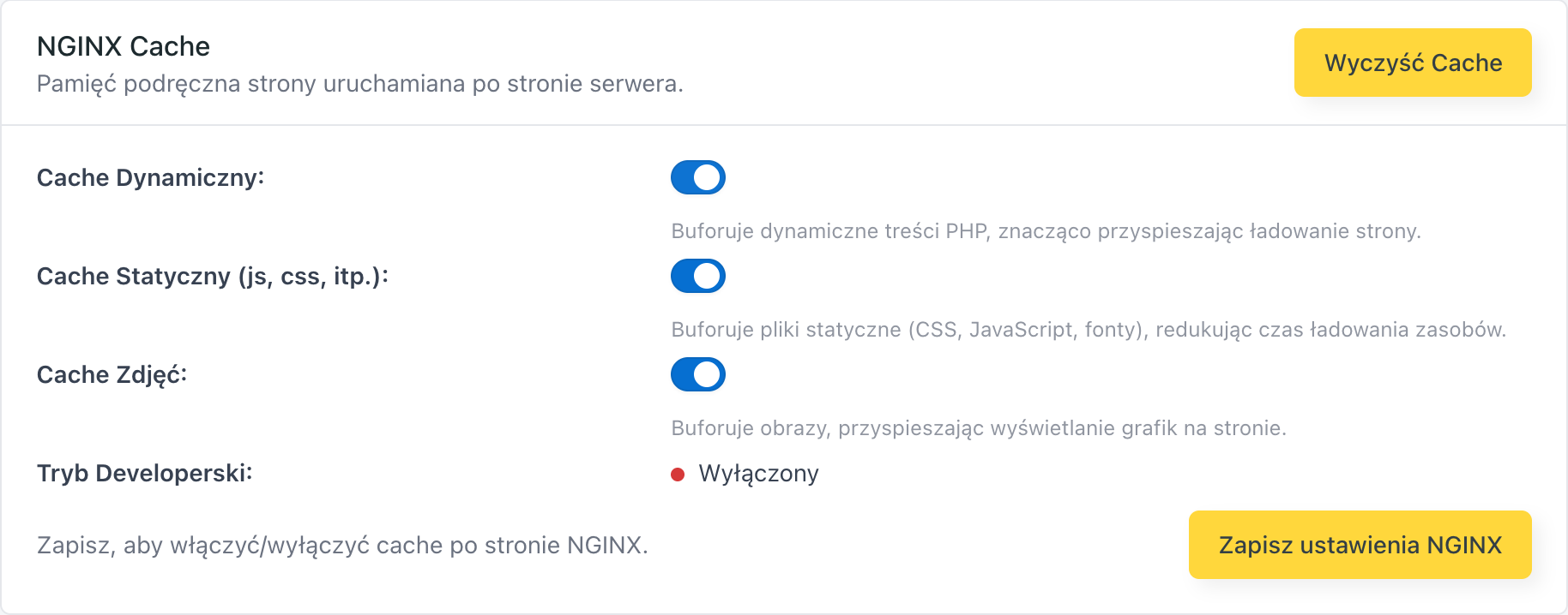 Karta NGINX Cache z przełącznikami