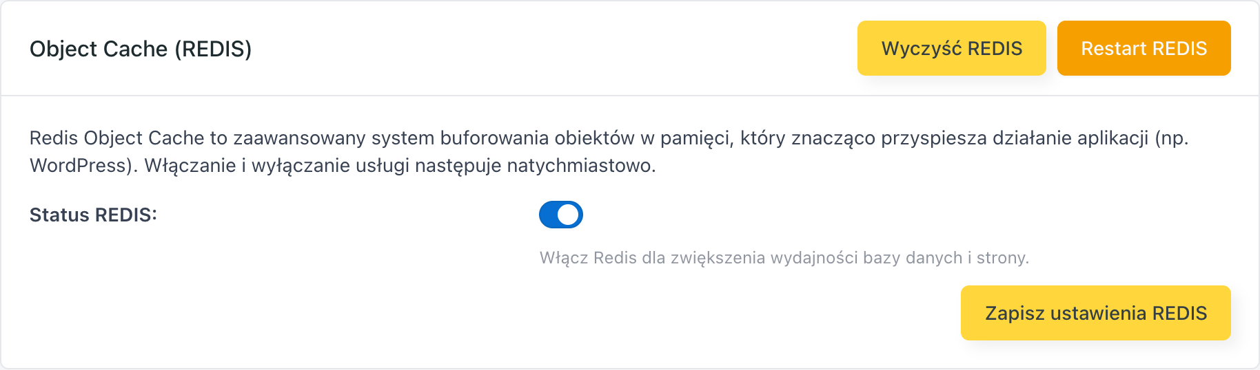 Karta Object Cache (REDIS) w zakładce Cache