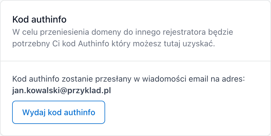 Karta Kod authinfo z adresem e-mail, na który trafi kod, i przyciskiem Wydaj kod authinfo