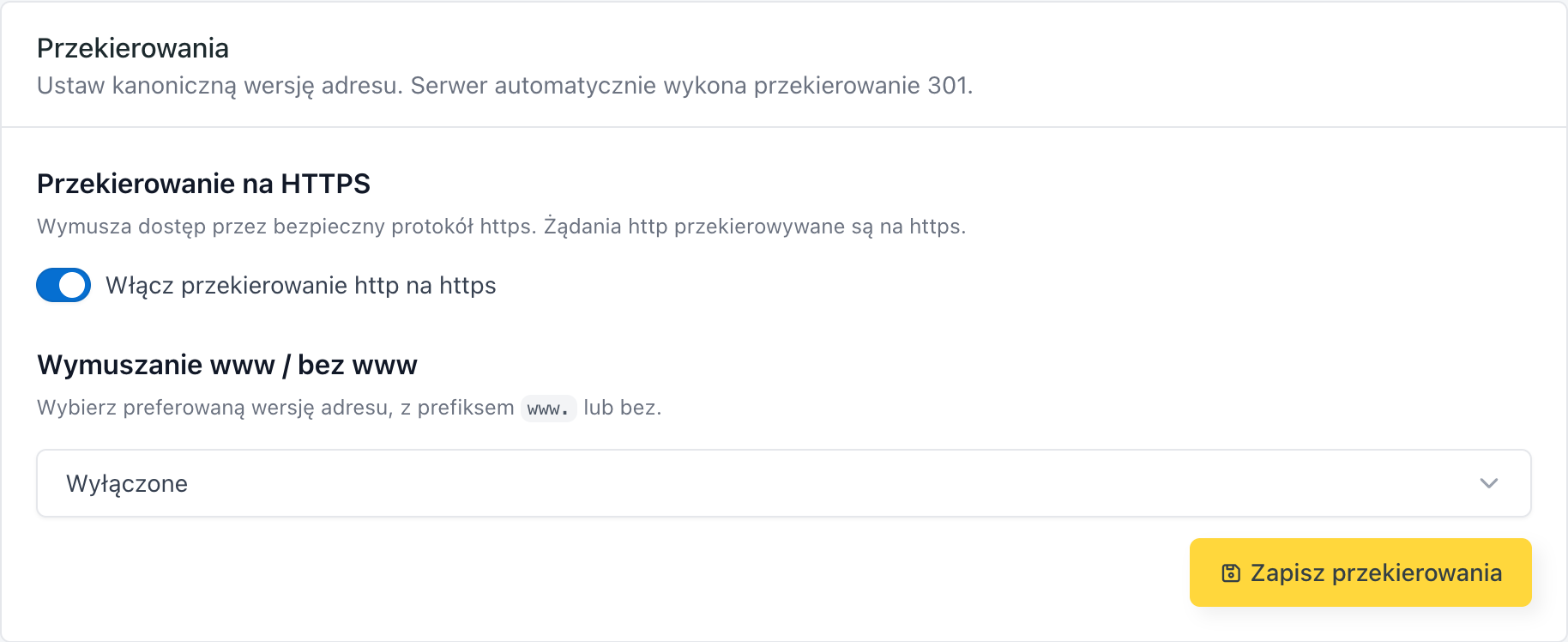 Karta Przekierowania w zakładce Domeny