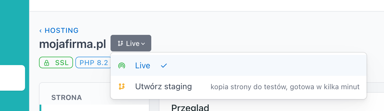 Przełącznik Live przy nazwie strony z opcją Utwórz staging