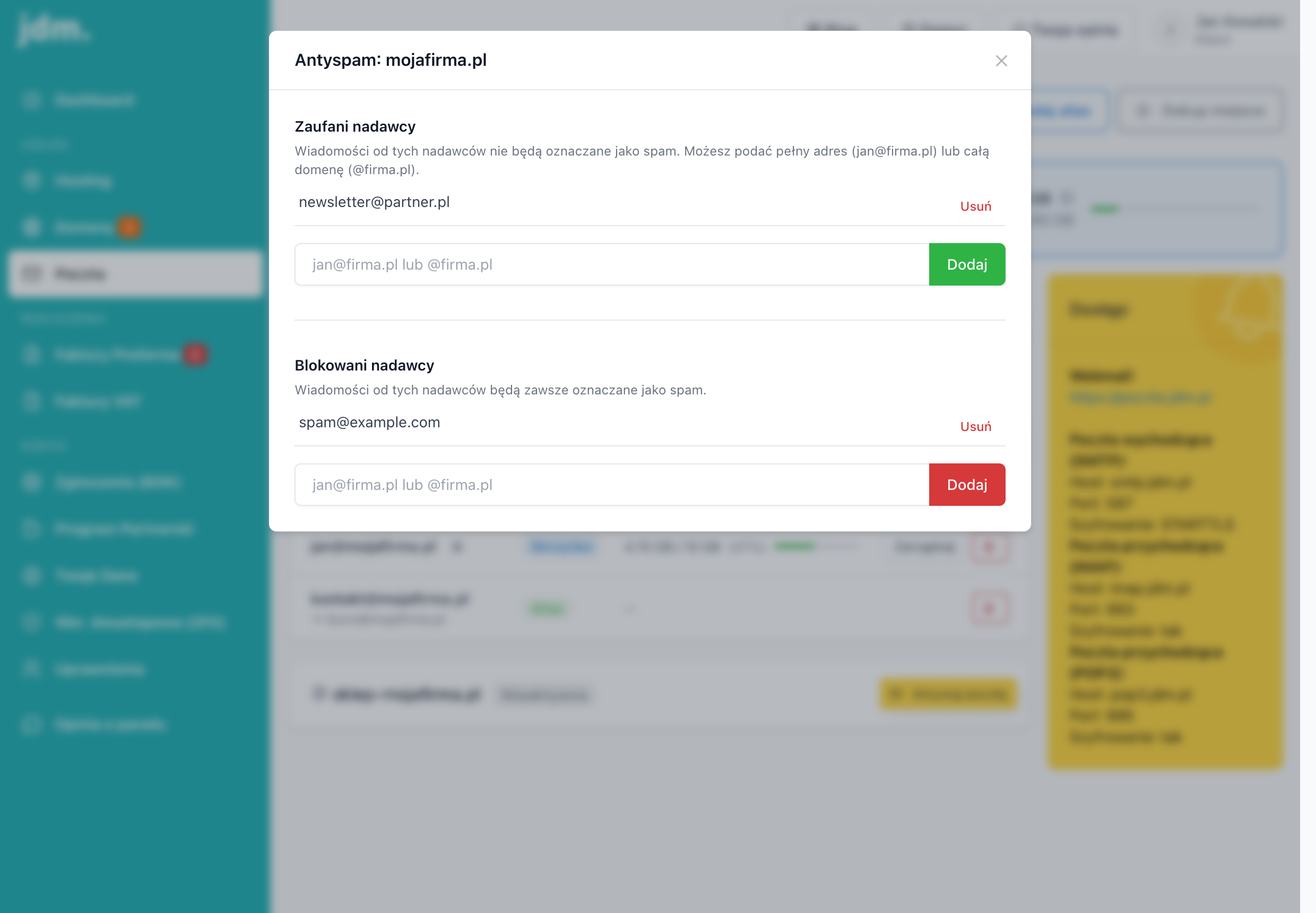 Okno Antyspam z listami Zaufani nadawcy i Blokowani nadawcy