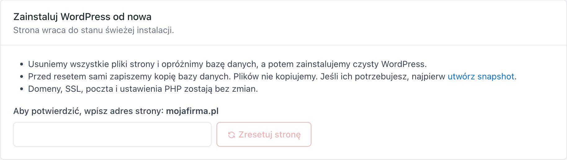 Karta Zainstaluj WordPress od nowa z polem potwierdzenia