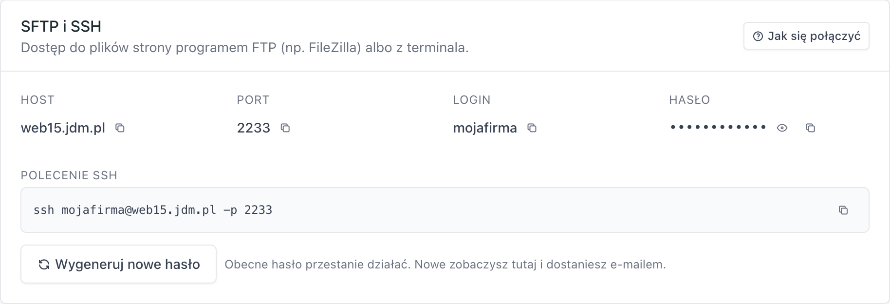 Zakładka SFTP i SSH: host, port, login i hasło