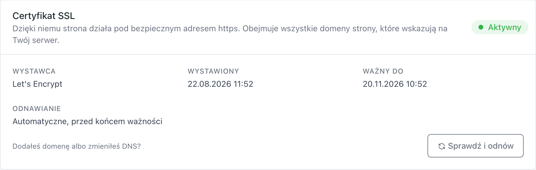 Karta Certyfikat SSL: wystawca, daty ważności i przycisk Sprawdź i odnów
