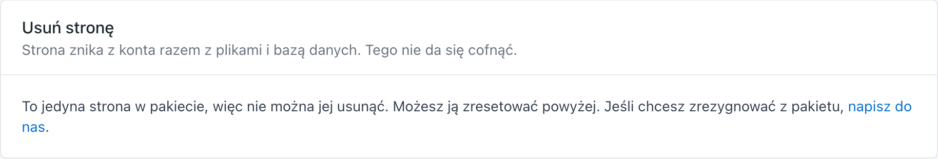 Karta Usuń stronę z komunikatem o jedynej stronie w pakiecie