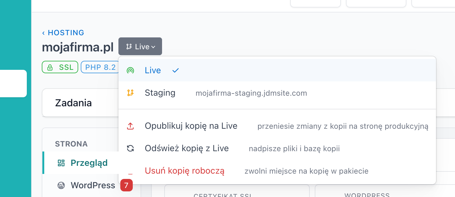 Menu przełącznika Live z kopią roboczą i opcjami publikacji, odświeżenia i usunięcia