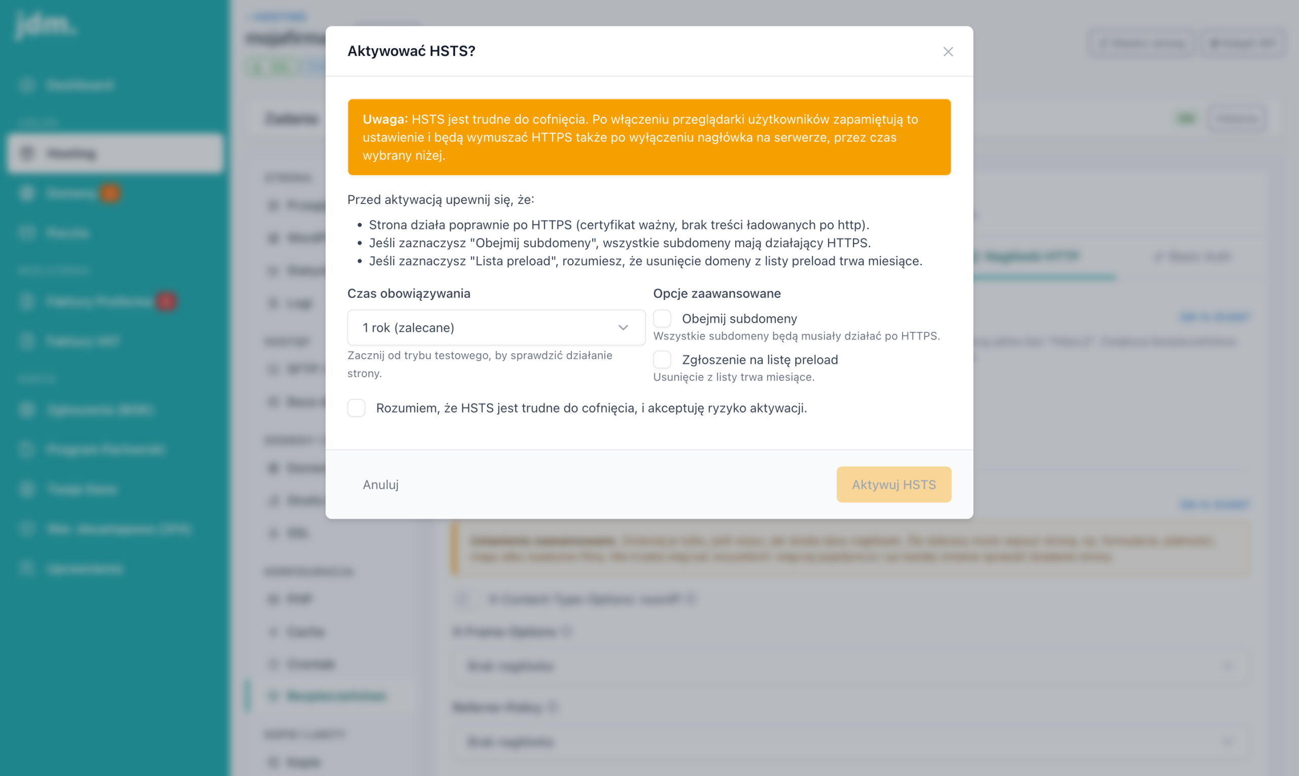 Okno Aktywować HSTS? z czasem obowiązywania i potwierdzeniem