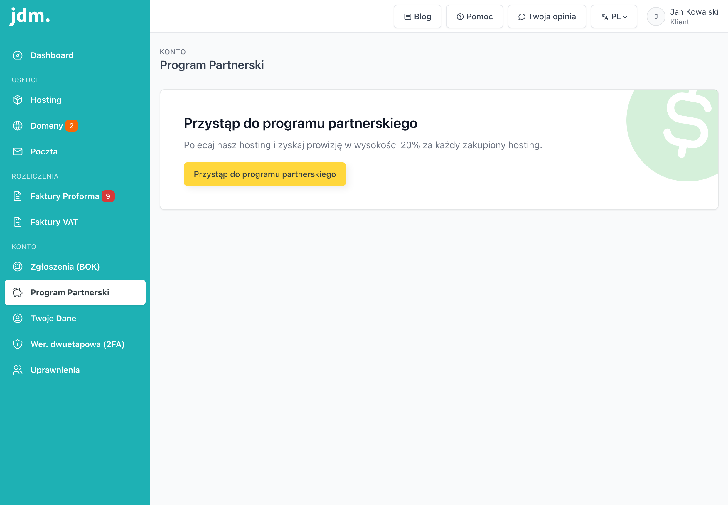 Strona Program Partnerski z przyciskiem Przystąp do programu partnerskiego