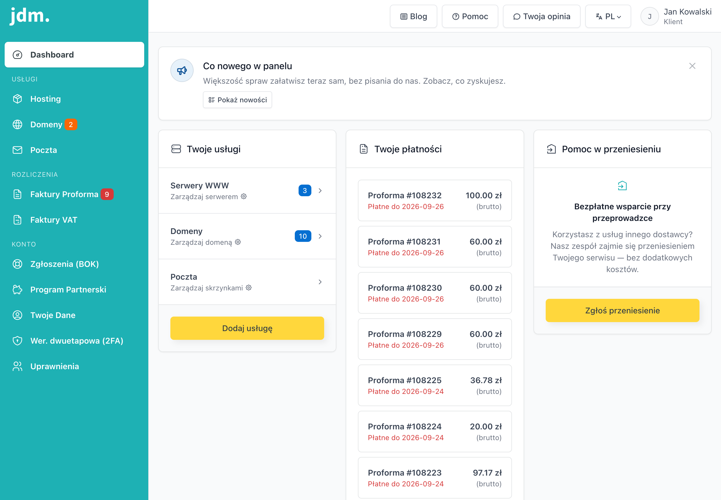 Dashboard panelu klienta