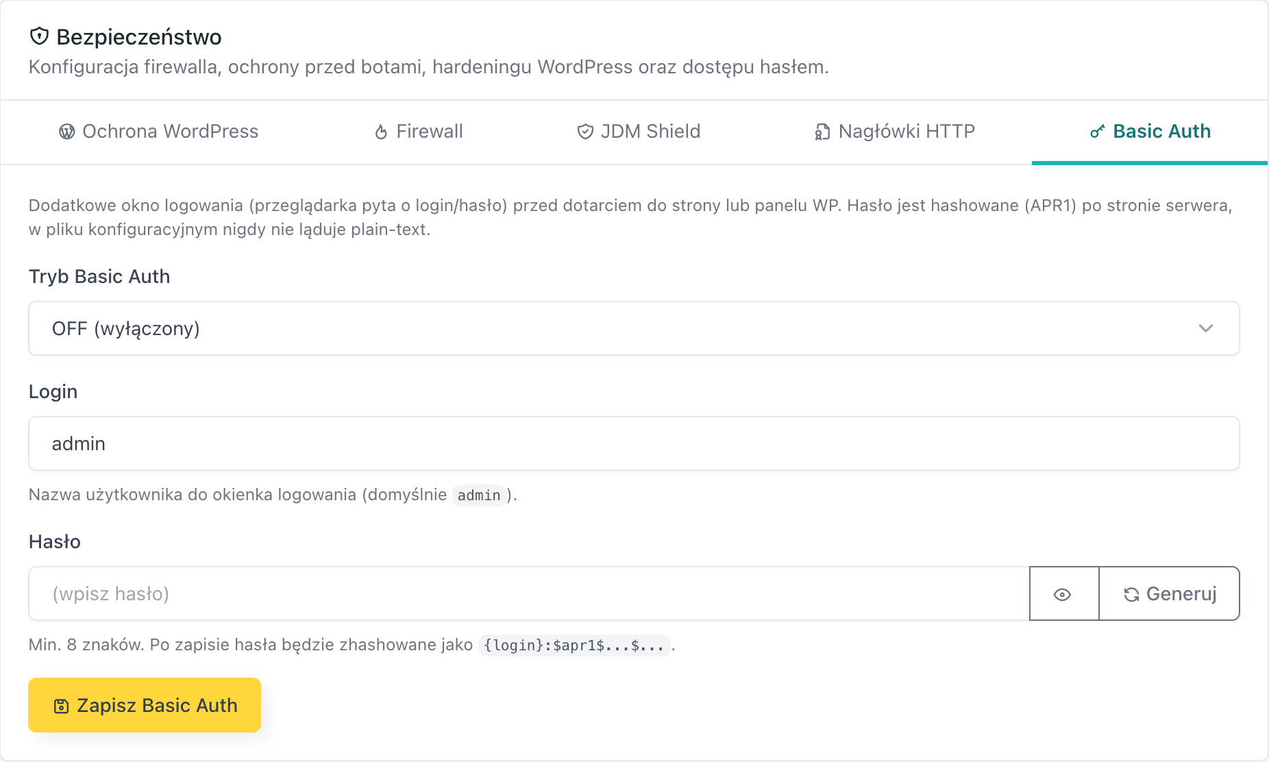 Karta Basic Auth w zakładce Bezpieczeństwo