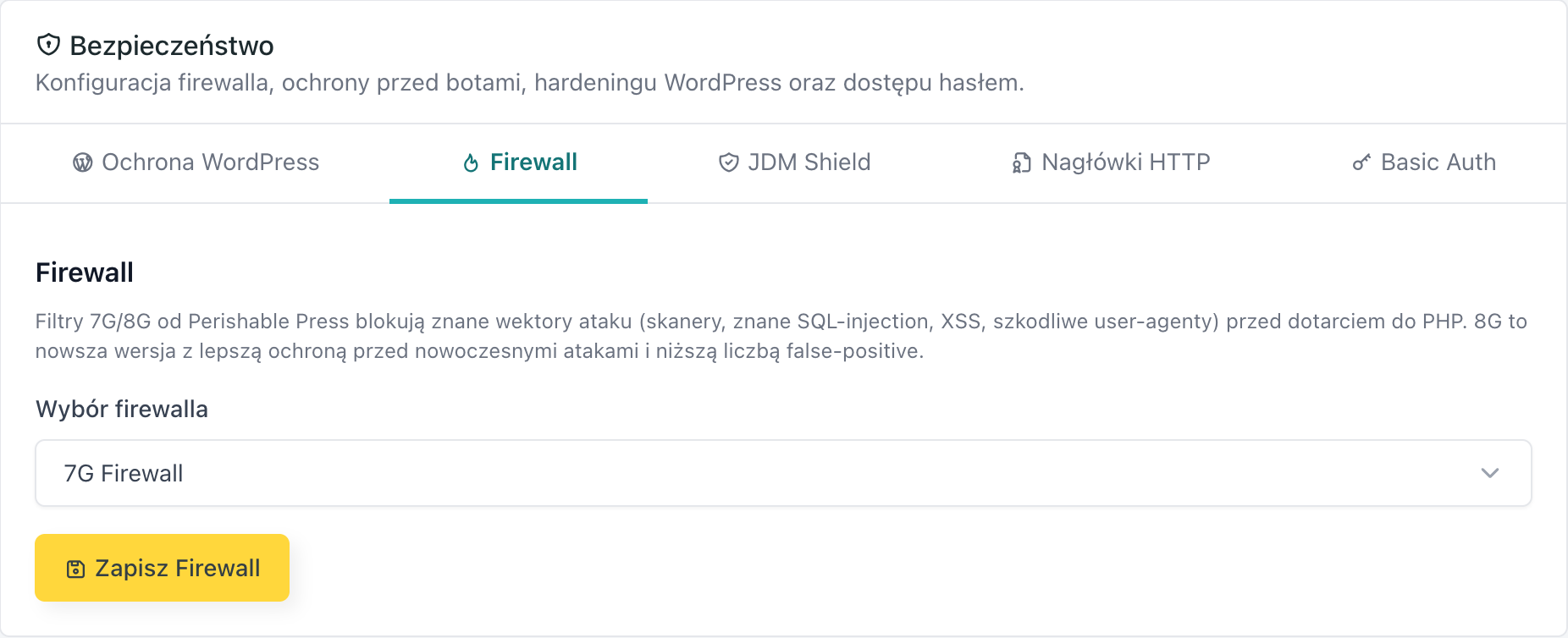 Karta Firewall w zakładce Bezpieczeństwo