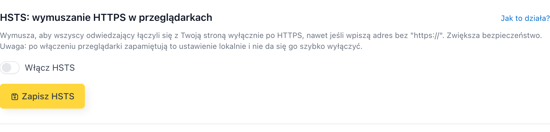 Karta HSTS w zakładce Bezpieczeństwo