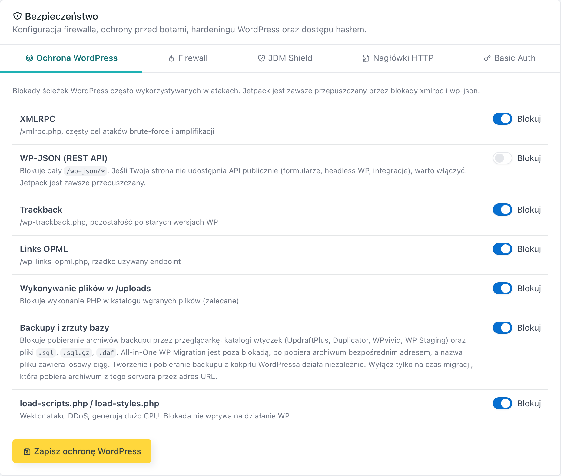 Karta Ochrona WordPress w zakładce Bezpieczeństwo